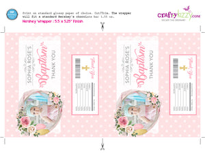 Girl Baptism Candy Wrapper - Floral First Holy Communion Party Favors - Christening Chocolate Bar Label - Personalized