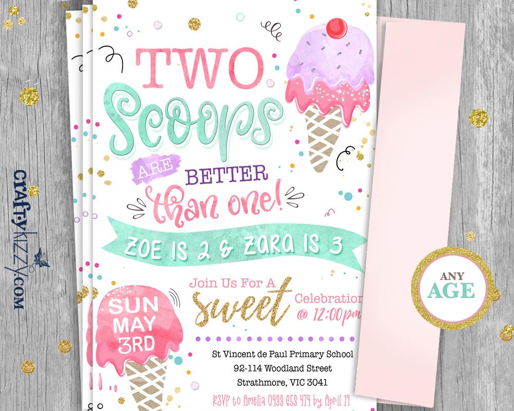 Joint Ice Cream Birthday Invitations - Twins First Birthday - Girl Ice Cream Second Birthday Invitation - Two Scoops Are Better Than One! - CraftyKizzy