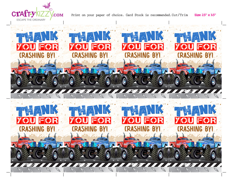 Twins Monster Truck Thank You Tags Monster Truck Birthday Party Favors – CraftyKizzy for Free Printable Monster Truck Birthday Cards
