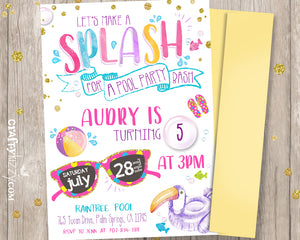 Pool Party Bash Birthday Invitations - Printable Let's Make A Splash Girl Invitation - 1st Birthday or Tween Invite - CraftyKizzy
