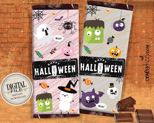 Happy Halloween Chocolate Bar Wrapper - Printable Pumpkin Bat Candy Bar Favors - Frankenstein Hershey's Bar Wrappers - INSTANT DOWNLOAD
