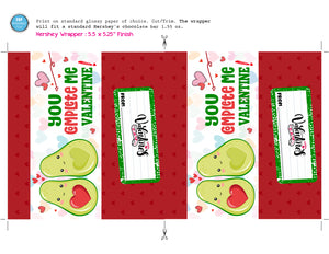 Avocado Valentine's Day Candy Bar Wrapper - Hershey's Chocolate Bar Wrapper - Fruit Valentines Day Party Favors - Classroom Card - INSTANT DOWNLOAD