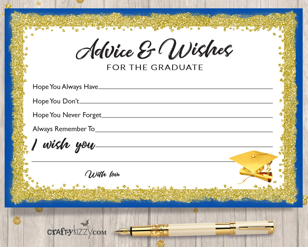 Blue and Gold Graduation Advice Cards for the Graduate - DIY High School or College Party Favor INSTANT DOWNLOAD - CraftyKizzy