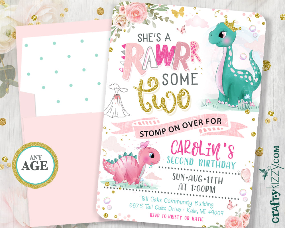 Girl Dinosaur Princess Birthday Invitations Girl Dino First Birthday CraftyKizzy
