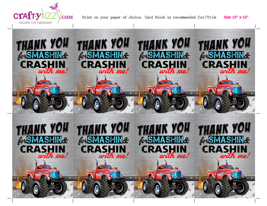 redmonster-truck-thank-you-tags-birthday-monster-truck-party-favors-craftykizzy for Free Printable Hot Wheels Thank You Tags RedMonster Truck Thank You Tags - Birthday Monster Truck Party Favors – CraftyKizzy for Free Printable Hot Wheels Thank You Tags