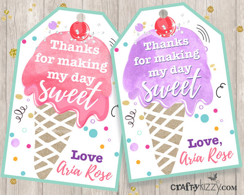 Ice Cream Favor Tags - Girl Ice Cream Thank You Tags - Watercolor Party Favors Personalized Ice Cream Party Printables - CraftyKizzy