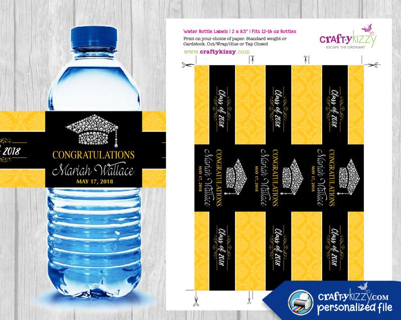 Black and Gold Graduation Water Bottle Wrapper - Congrats Grad Party Favors - Black Red Labels - Personalized