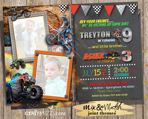 Dirt Bike Joint Birthday Invitation - Boy Monster Truck Sibling Birthday Invitations - Boys Invitations - CraftyKizzy