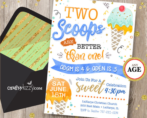 Boy Ice Cream Birthday Invitations - Joint Ice Cream Birthday Invitation - Twins Party Printable Blue Yellow Orange - CraftyKizzy