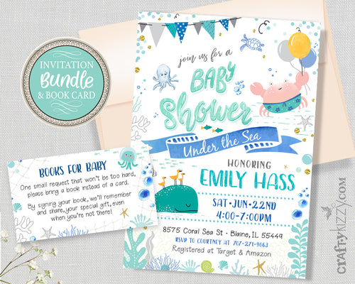 Under The Sea Baby Shower Invitation - Watercolor Nautical Baby Shower Invitation Boy - Printable Ocean Invitation & Book Insert Bundle
