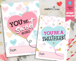 Sweetheart Valentines Day Cards for Kids - Heart Valentine Exchange Cards - XOXO Boys and Girls Valentine's Classroom Cards - INSTANT DOWNLOAD