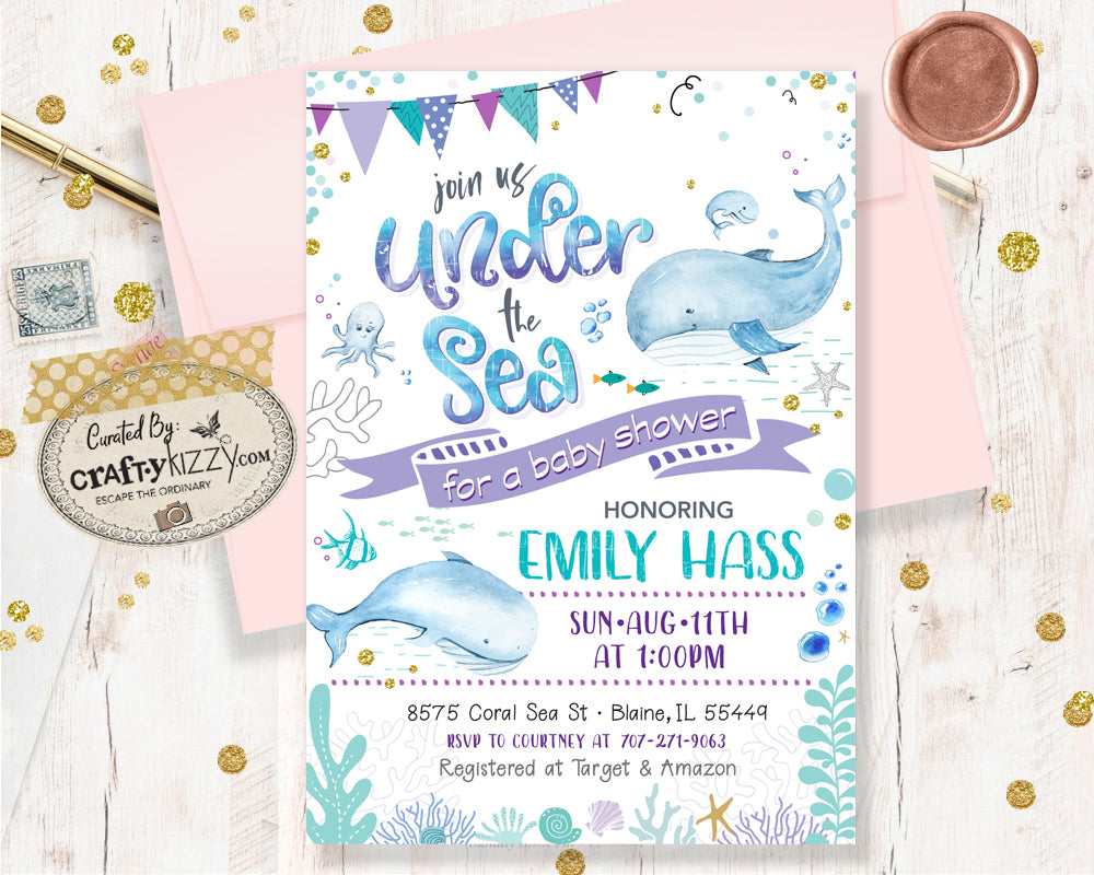 Under The Sea Baby Shower Invitation Girl - Watercolor Nautical Whales Baby Shower Invitations - Printable Ocean Invitation & Book Insert Bundle
