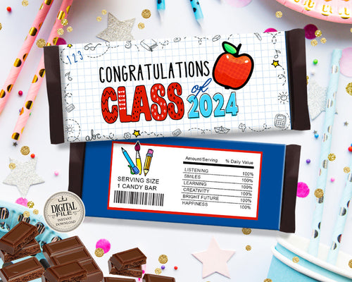 Preschool Graduation Candy Wrapper - Class of 2024 Congratulations Candy Bar Labels - Printable Graduation Party Favor Wrappers - INSTANT DOWNLOAD