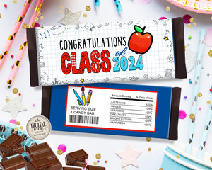 Preschool Graduation Candy Wrapper - Class of 2024 Congratulations Candy Bar Labels - Printable Graduation Party Favor Wrappers - INSTANT DOWNLOAD
