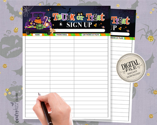 Trunk or Treat Sign Up Sheet, Halloween School Fundraiser, Neighborhood Community Event, Church, PTO, Fall Festival - INSTANT DOWNLOAD