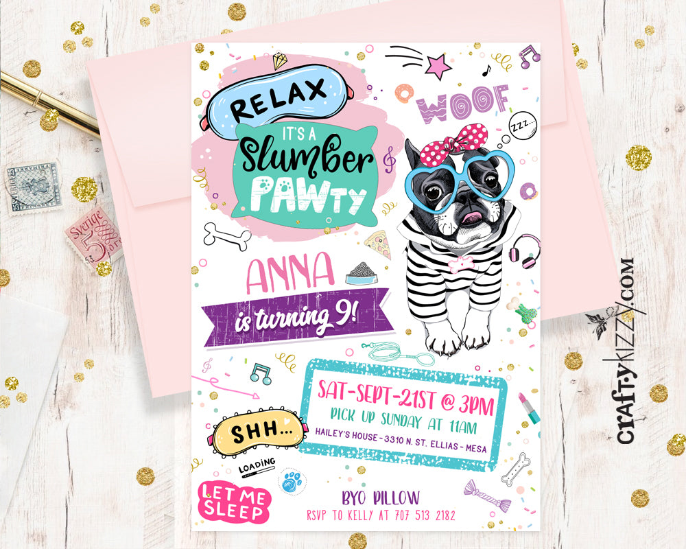 Slumber Party Birthday Invitations - Doggy Sleepover Invitation - Pajama Pawty Printable - Dog Sleep Over Invitation - Puppy Paws Woof