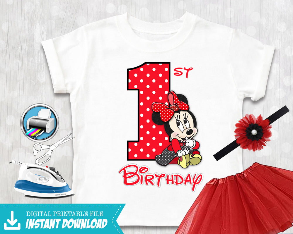 Red Minnie Mouse Birthday Iron On Shirt - First Birthday Outfit - Printable Decal Digital Transfer - INSTANT DOWNLOAD