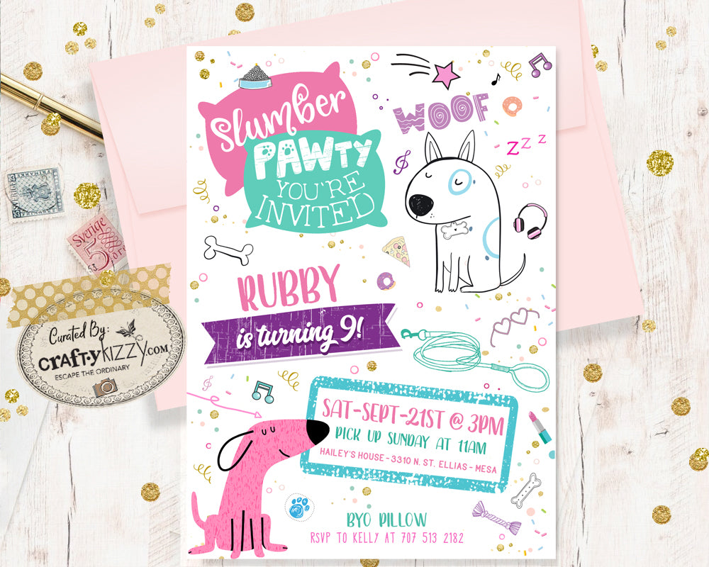Slumber Party Birthday Invitations - Puppy Sleepover Party Invitation - Dog Pajama Party Digital Invite - Doggy Sleep Over Invitation