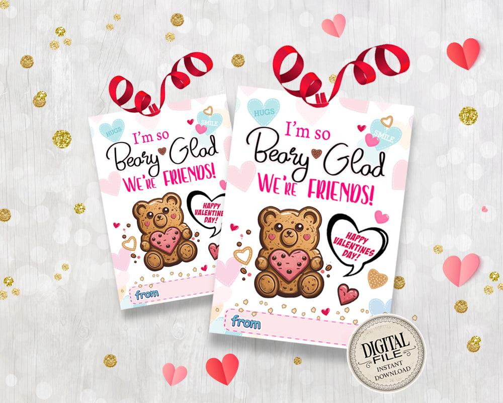 Teddy Bear Valentines Day Cookie Tags Valentine's Day Printable Treat Tag Kids Classroom Valentines Day Card - INSTANT DOWNLOAD