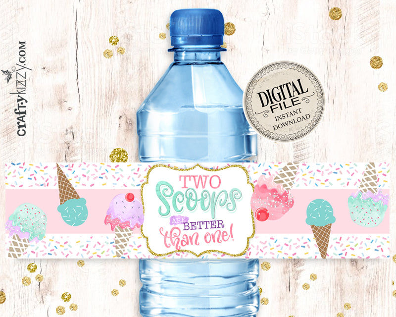 Ice Cream Water Bottle Labels - Two Scoops Birthday Water Bottle Label - Party Favor Decor - INSTANT DOWNLOAD
