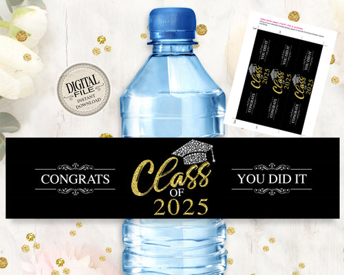 Class of 2025 Black and Gold Water Bottle Wrapper