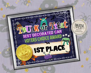 Trunk Or Treat Car Decorating Award - Halloween Trunk Or Treat 1st 2nd 3rd Place Award - Car Decorating Certificate - INSTANT DOWNLOAD