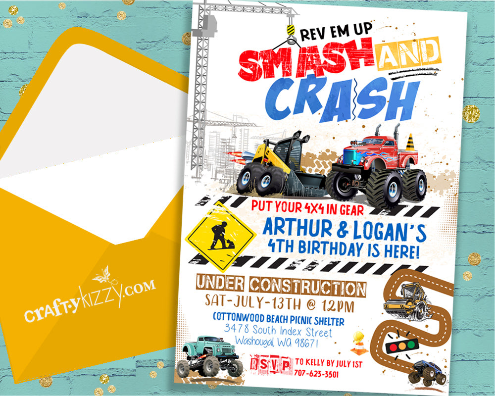 Monster Truck Joint Birthday Party Invitation 4x4 Construction Invitations - Twins Loader VS Monster Truck - CraftyKizzy