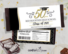 Class Reunion Candy Wrapper - 20TH 30TH 40TH 50TH High School Class Reunion Party Favors - Printable Black and Gold Reunion Wrappers - Personalized Label