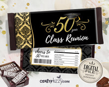 Class Reunion Candy Wrapper - 20TH 30TH 40TH 50TH High School Class Reunion Party Favors - Printable Black and Gold Reunion Wrappers - Personalized Label