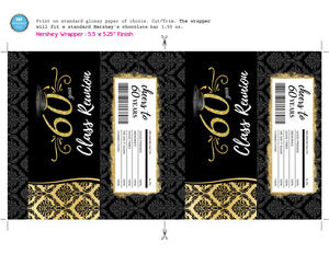 60 Year Class Reunion Candy Wrapper - 60TH High School Reunion Party Favors - Printable Black and Gold Reunion Wrappers - INSTANT DOWNLOAD