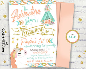 The Adventure Begins 1st Birthday Unicorn Invitation - Girl Unicorn and Rainbow Invitations - Boho Chic Printable Invitations - CraftyKizzy