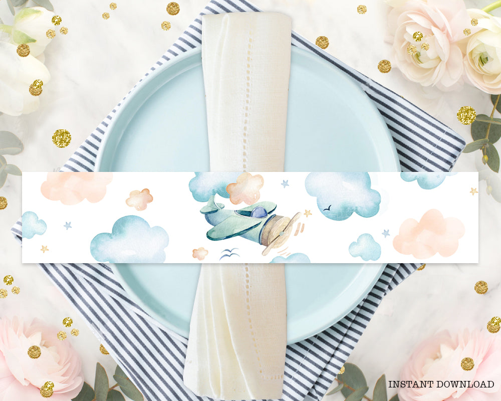 Airplane Baby Shower Napkin Ring - Plane Birthday Napkin Holders - Digital Up Up And Away Band - Printable Paper Wrappers