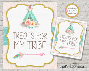 Treats For My Tribe Party Table Sign - Watercolor Teepee Printable Treat Signs - Tribal Woodland Birthday - INSTANT DOWNLOAD - CraftyKizzy