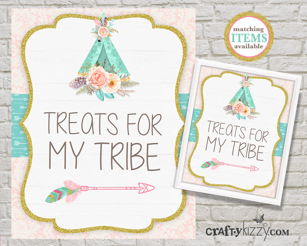 Treats For My Tribe Party Table Sign - Watercolor Teepee Printable Treat Signs - Tribal Woodland Birthday - INSTANT DOWNLOAD - CraftyKizzy