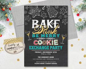 Bake Drink And Be Merry Invitation - Cookie Exchange Party Invitations - Christmas Cookie Swap Invite - Black and Gold Glitter Personalized