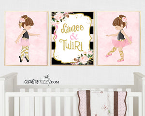 Ballerina Nursery Wall Art Printable - DIY Girl Blush Pink Ballet Dancer - Black and Gold Decor - Set of 3 - INSTANT DOWNLOAD - CraftyKizzy