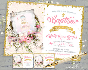 Pink and Gold Girl Baptism Invitation - Girls Christening Invitation Easter First Holy Communion Invites Baptism Party - CraftyKizzy