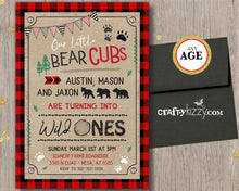 Wilderness Bear First Birthday Invitation Red Plaid Lumberjack Invitations - Triplets Wild Ones Invitation - CraftyKizzy