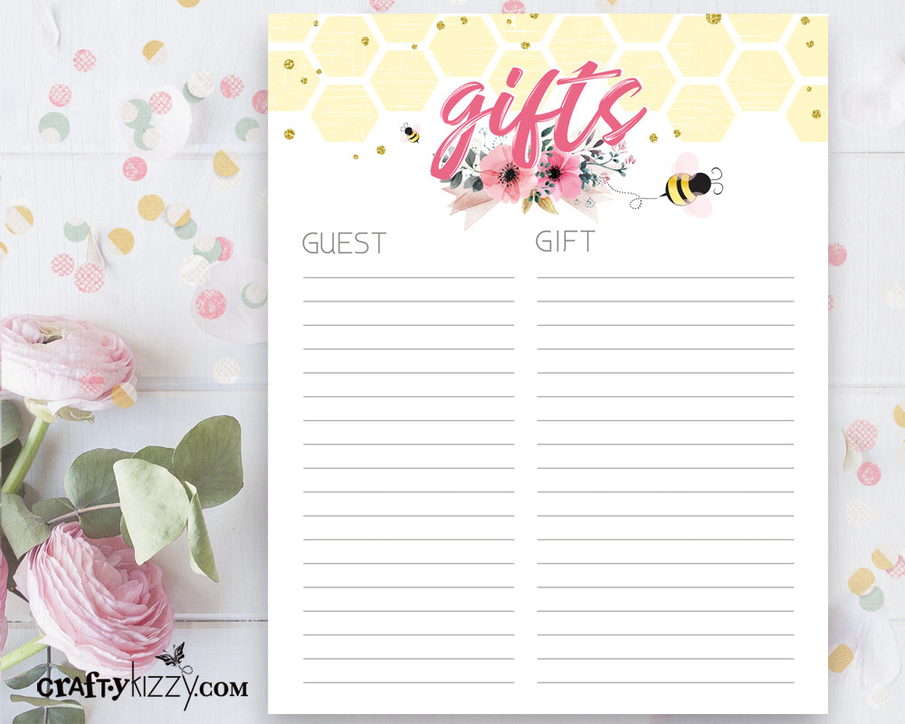 Bee Baby Shower Gift List Printable - Baby Girl Pink and Yellow Gift List - INSTANT DOWNLOAD - CraftyKizzy