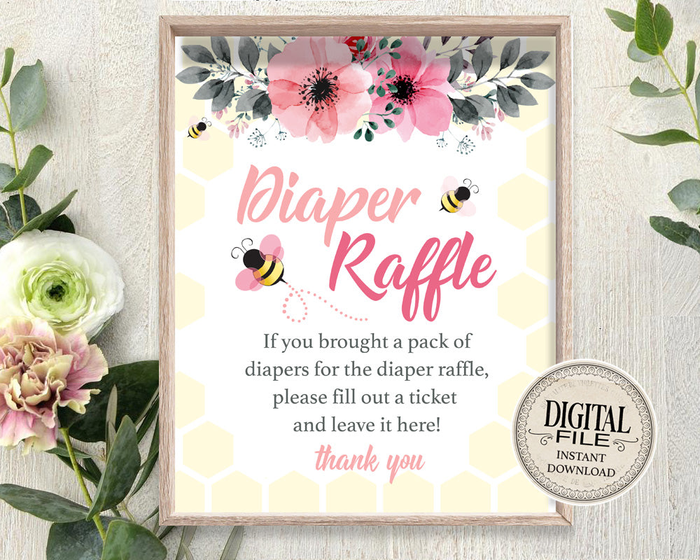 Bee Baby Shower Diaper Raffle Sign - Mommy To Bee Game Sign - Diaper Game Printable Table Signs - INSTANT DOWNLOAD - CraftyKizzy