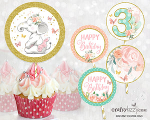 Elephant Pink and Gold THIRD Birthday Cupcake Toppers - Floral Ballet Cupcake Toppers - Printable Party Labels - INSTANT DOWNLOAD - CraftyKizzy