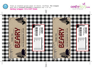 Buffalo Plaid Lumberjack Candy Bar Wrapper - Woodland Bear Black and White Birthday Party Favors - INSTANT DOWNLOAD - CraftyKizzy