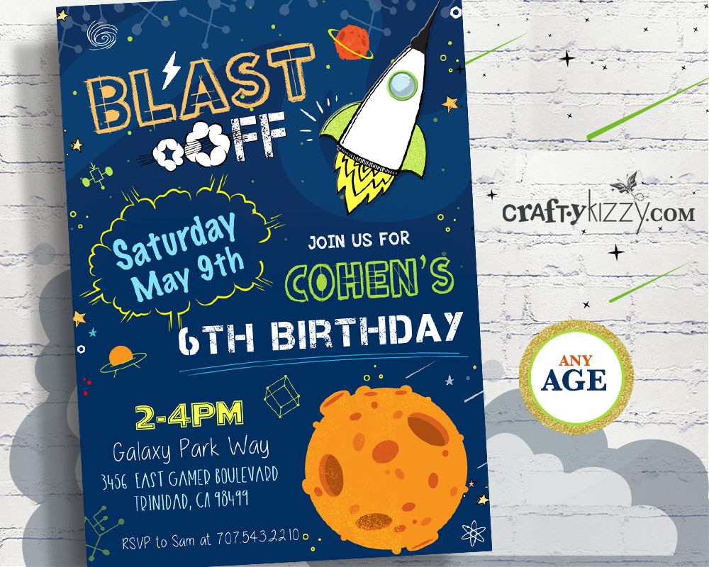 Blast Off Birthday Invitations - Out of this World Space Invitation - Science Party - Nasa Solar System Invite Rocket Planets - CraftyKizzy