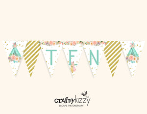 Boho Teepee Happy Birthday Pennant Banner - Tenth Birthday Printable Triangle Bunting Flag Banner - Party Flags P0006 - INSTANT DOWNLOAD - CraftyKizzy