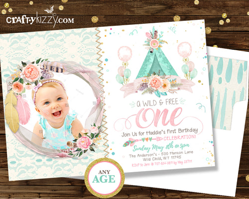 First 1st Birthday Boho Chic Invitation - Girl Wild One Teepee Watercolor Shabby Chic Pink Gold Mint Printable - CraftyKizzy
