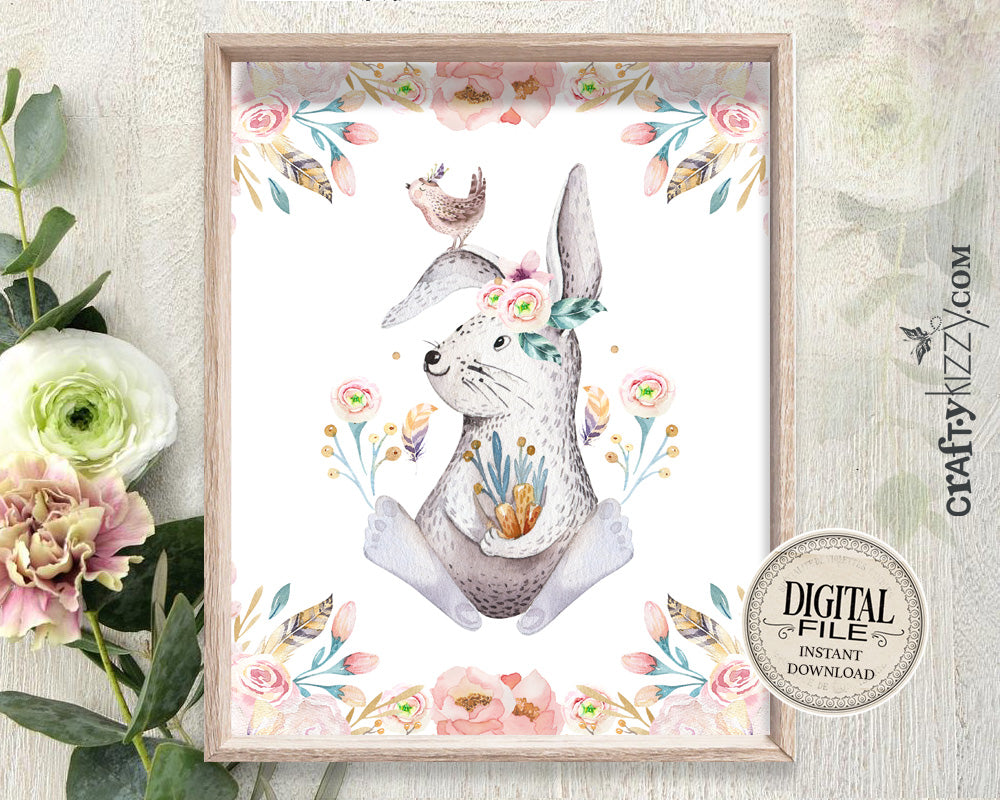 Woodland Nursery Wall Art - Baby Bunny Wall Print - Animal Prints - Rabbit Wall Art - Girl Room Decor - INSTANT DOWNLOAD