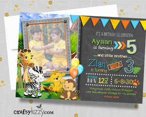 Safari Joint Birthday Invitation - Girl Zoo Animal Joint Party Invitations - Twin Girls Jungle First Birthday - Twins Wild One