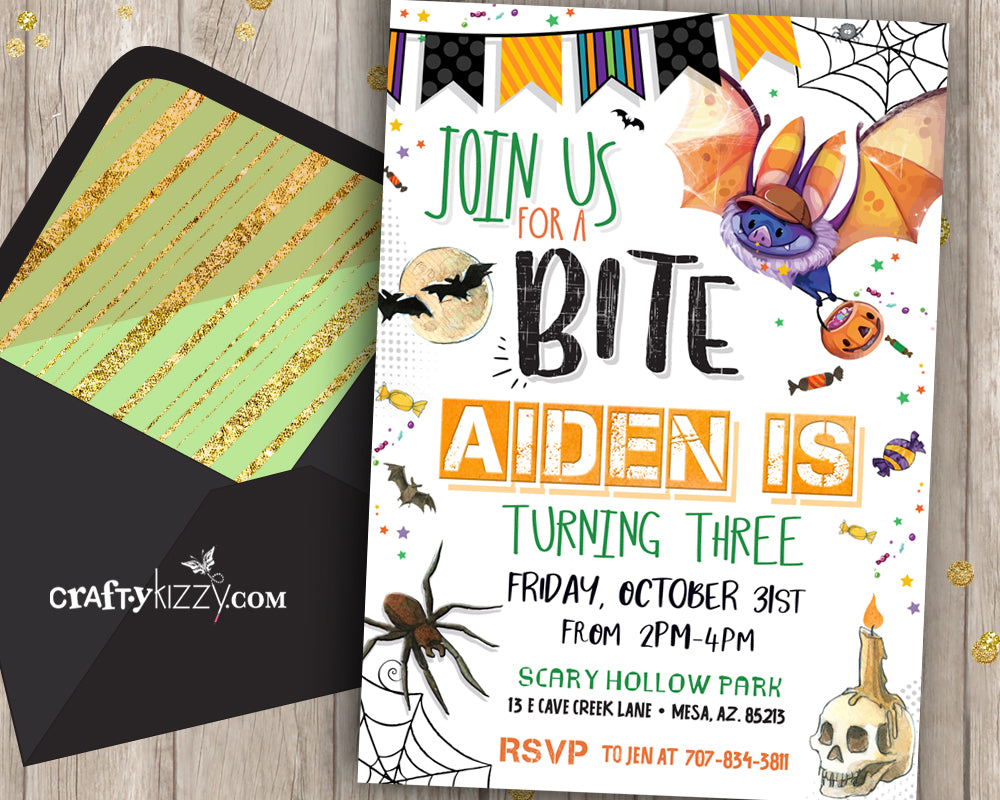 Boy Halloween Birthday Invitation Bat and Spider Invitation for kids Fall Birthday Invitations Join Us For A Bite - CraftyKizzy