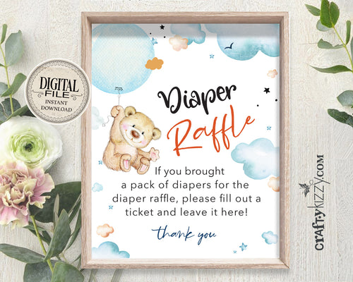 Teddy Bear Baby Shower Diaper Raffle Signs - Mommy To Be Boy Game Sign - Diaper Game Printable Table Signs - INSTANT DOWNLOAD