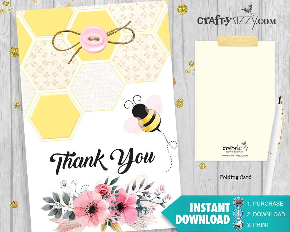 Girl Bumble Bee Thank you Card - Mom to Bee Thank You Card - Printable Pink Floral Honey Comb - Baby Shower - INSTANT DOWNLOAD - CraftyKizzy